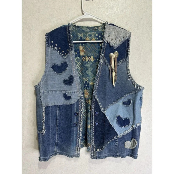 Womens Blue Denim Patchwork Vest South Western Y2k Boho Frayed LARGE READ - Picture 1 of 8